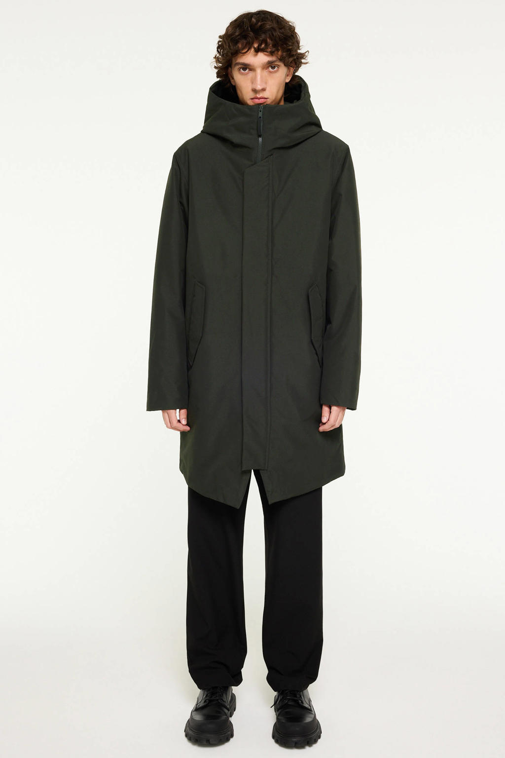 Donkergroene heren Elvine winterjas van polyester met effen, lange mouwen, capuchon en rits- en drukknoopsluiting