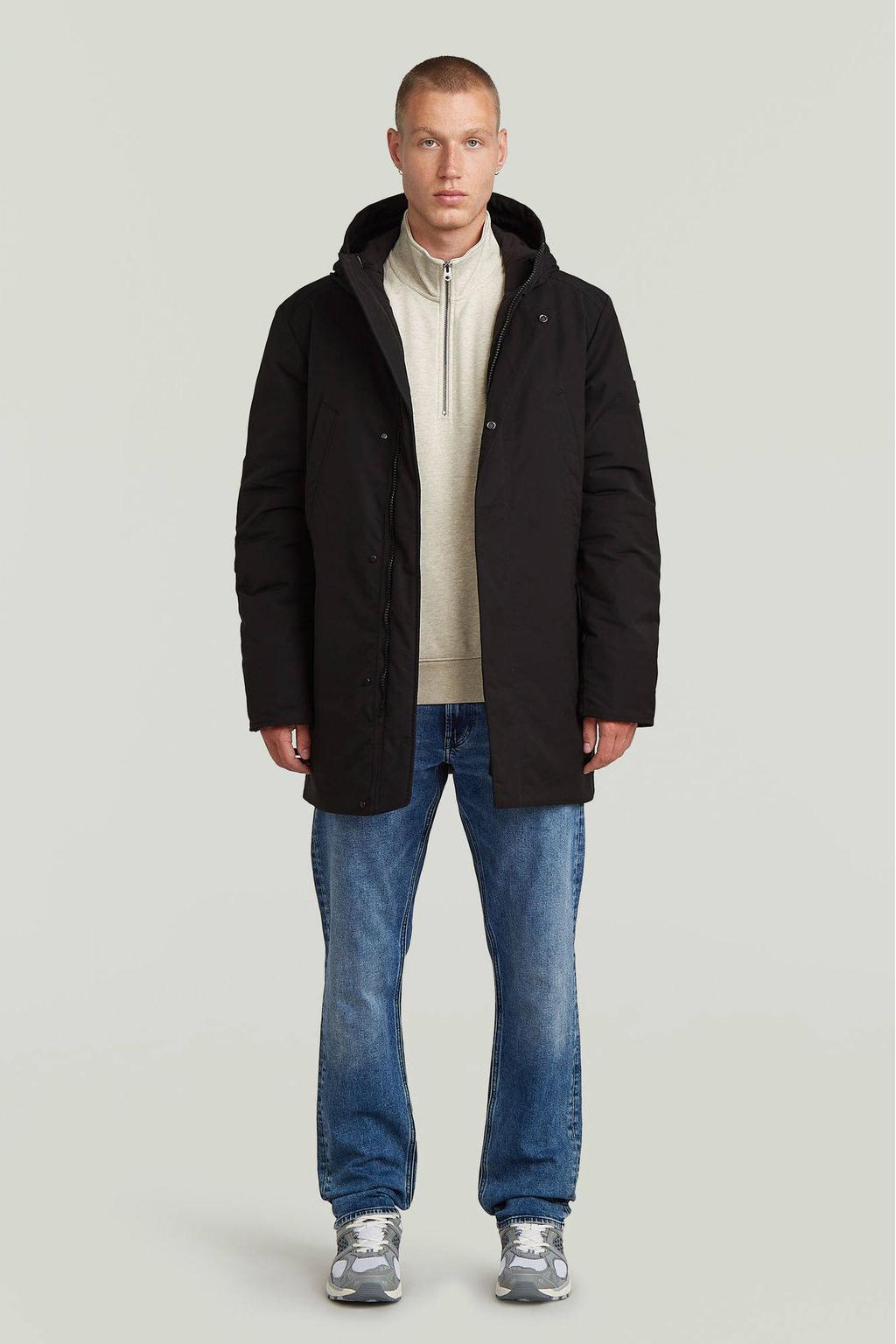 Zwarte heren G-STAR winterjas van polyester met effen, lange mouwen, capuchon en rits- en knoopsluiting