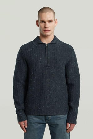 trui met wol met ingebreid patroon donkerblauw