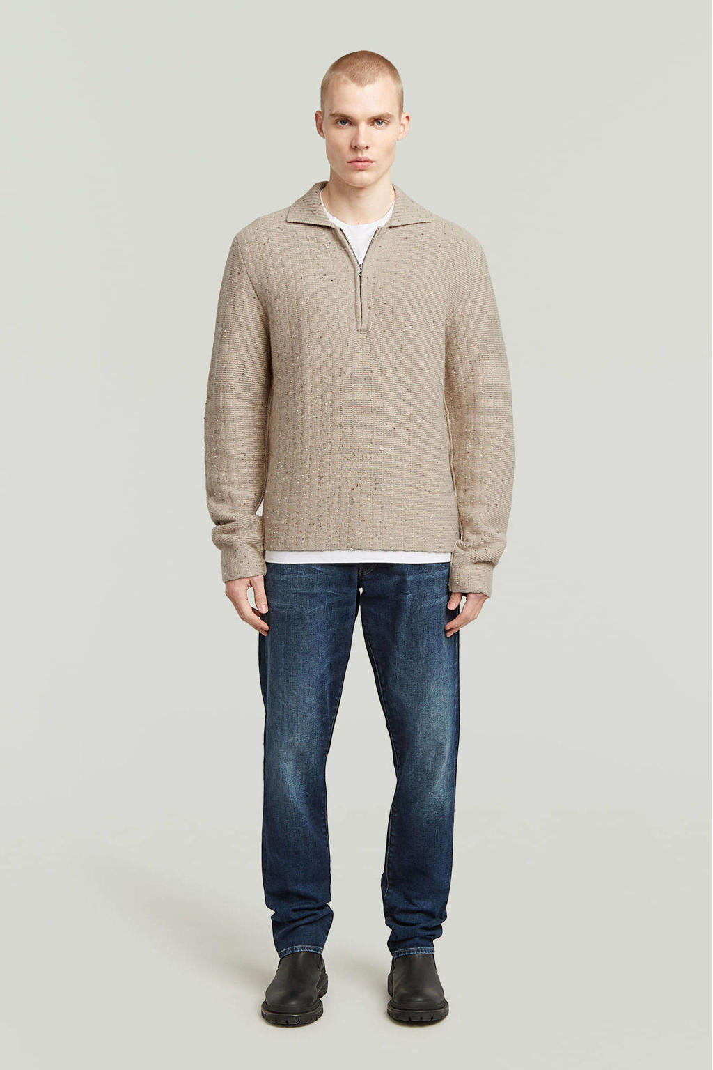 Beige heren G-STAR trui patroon van wol met melée print, lange mouwen, polo kraag en halve rits