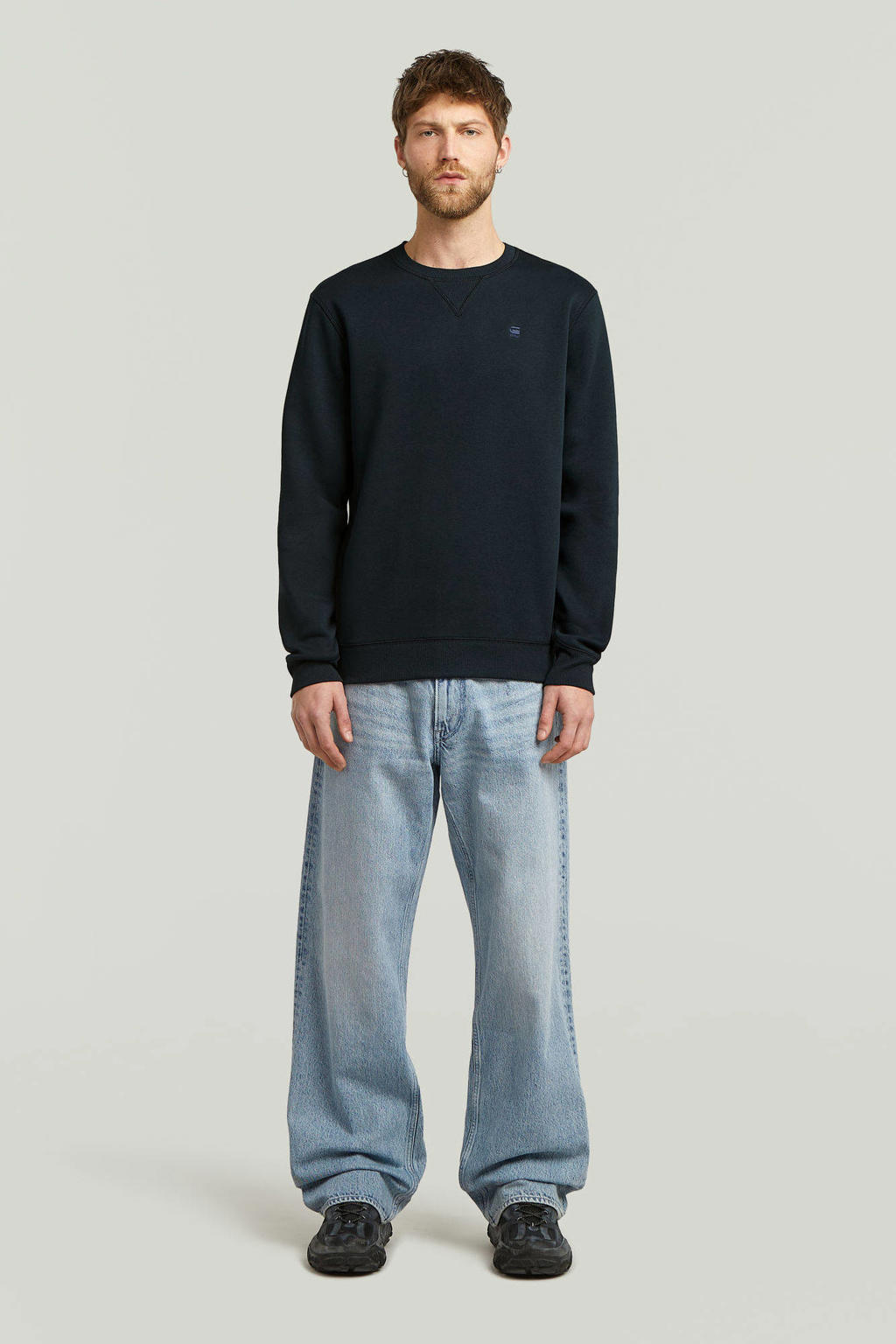 Donkerblauwe heren G-STAR sweater met logo dessin, lange mouwen, ronde hals en geribde boorden