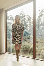 thumbnail: Zwart, ecru en bruine dames Tramontana midi jurk van polyester met korte mouwen en ronde hals
