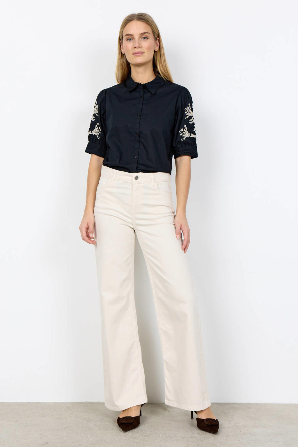 Crème dames Soyaconcept wide leg jeans van denim met rits- en knoopsluiting en effen