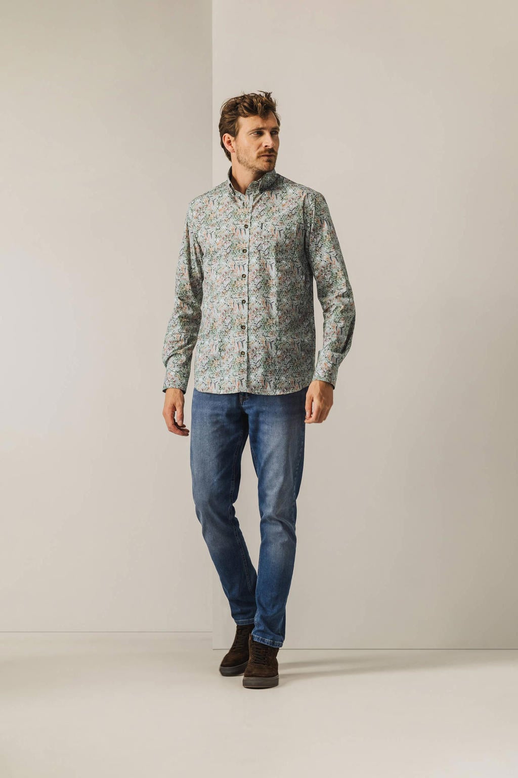Groen en lichtgrijze heren State of Art regular casual overhemd van katoen met lange mouwen, button down sluiting en knoopsluiting