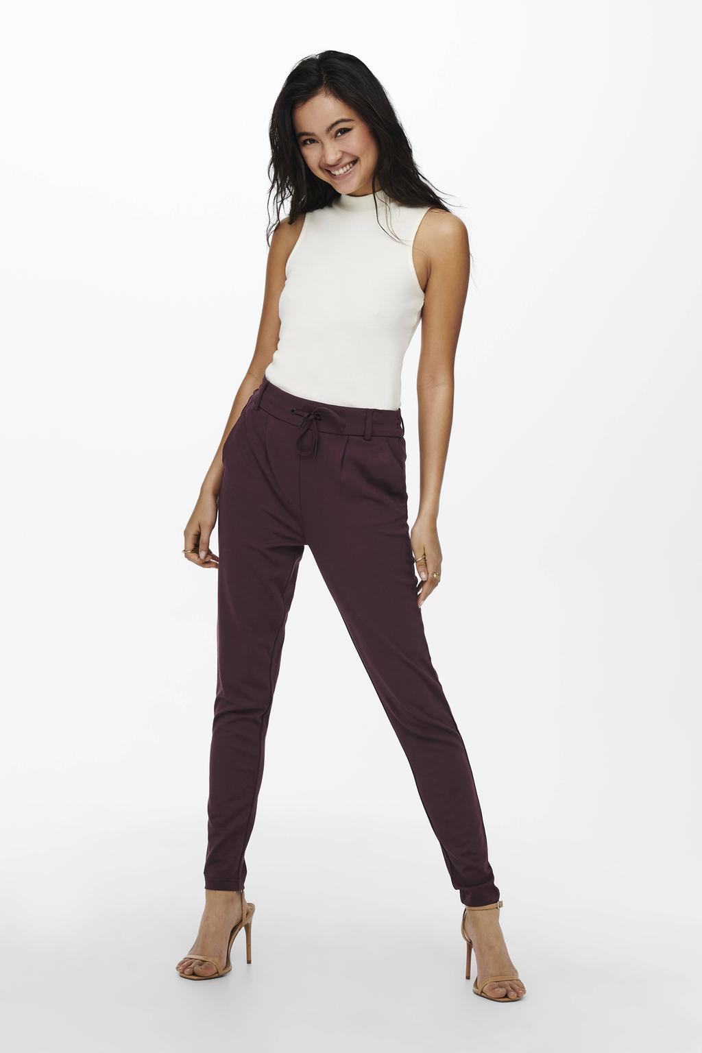 Donkerpaarse dames ONLY tapered regular waist pantalon van viscose met elastische tailleband met koord en effen