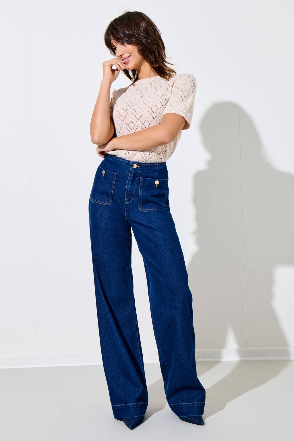 Dark blue denim dames ONLY high waist wide leg jeans dark blue van denim met rits- en knoopsluiting en effen