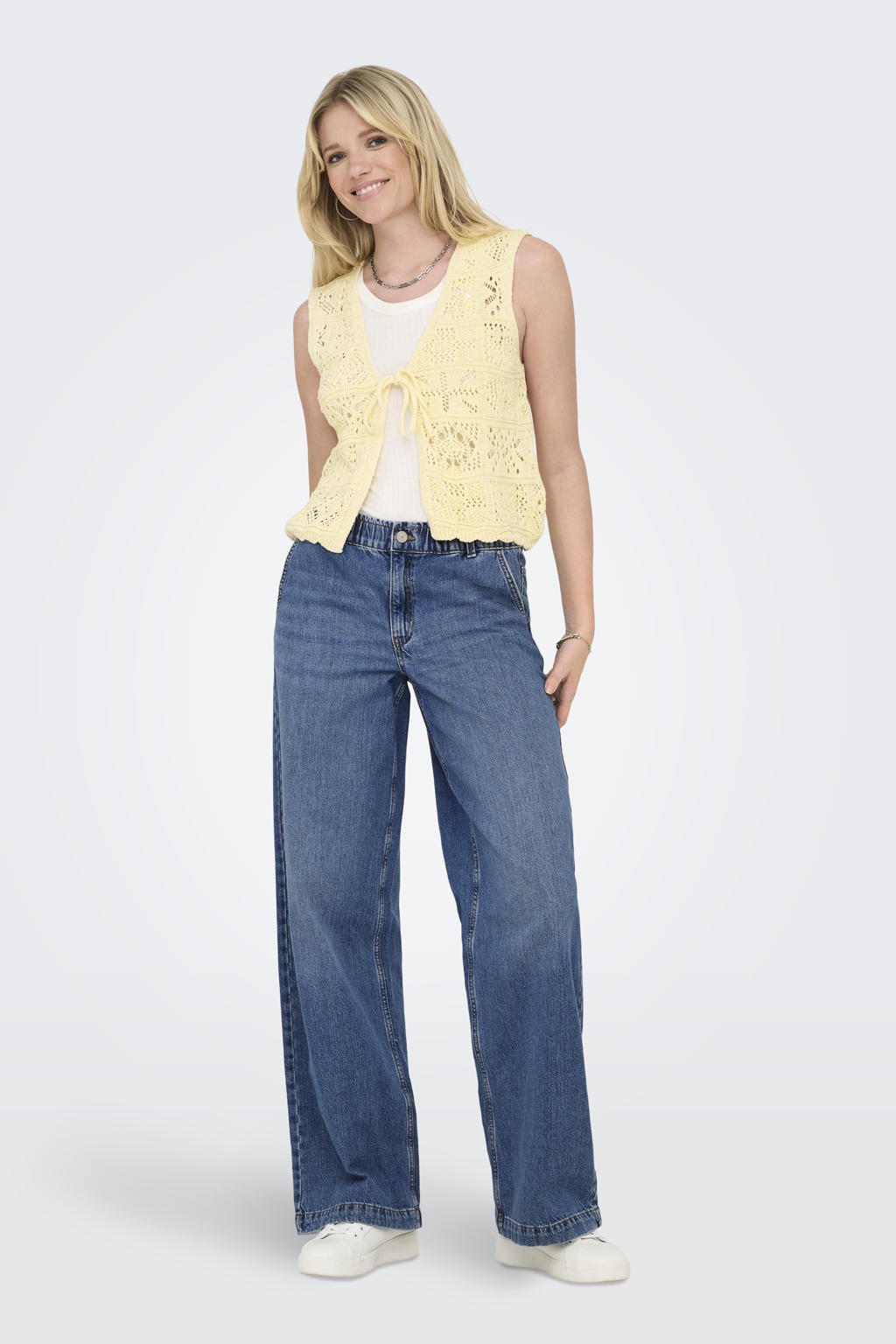 Medium blue denim dames ONLY waist wide leg jeans van denim met rits- en knoopsluiting en effen