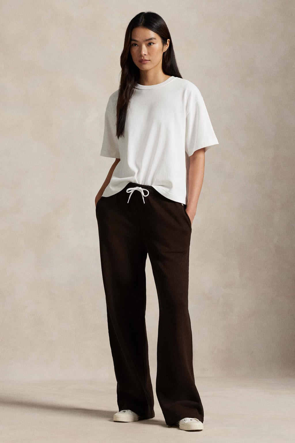 Donkerblauwe dames Polo Ralph Lauren straight high waist broek van katoen met elastische tailleband met koord en effen