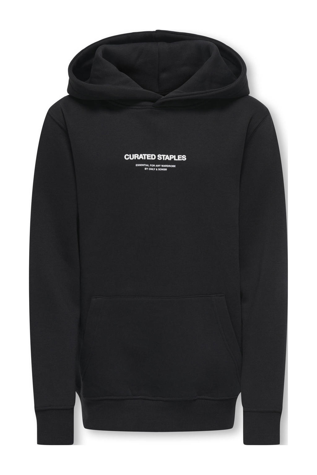Zwarte jongens ONLY & SONS JUNIOR hoodie van sweat materiaal met tekst print, lange mouwen en capuchon