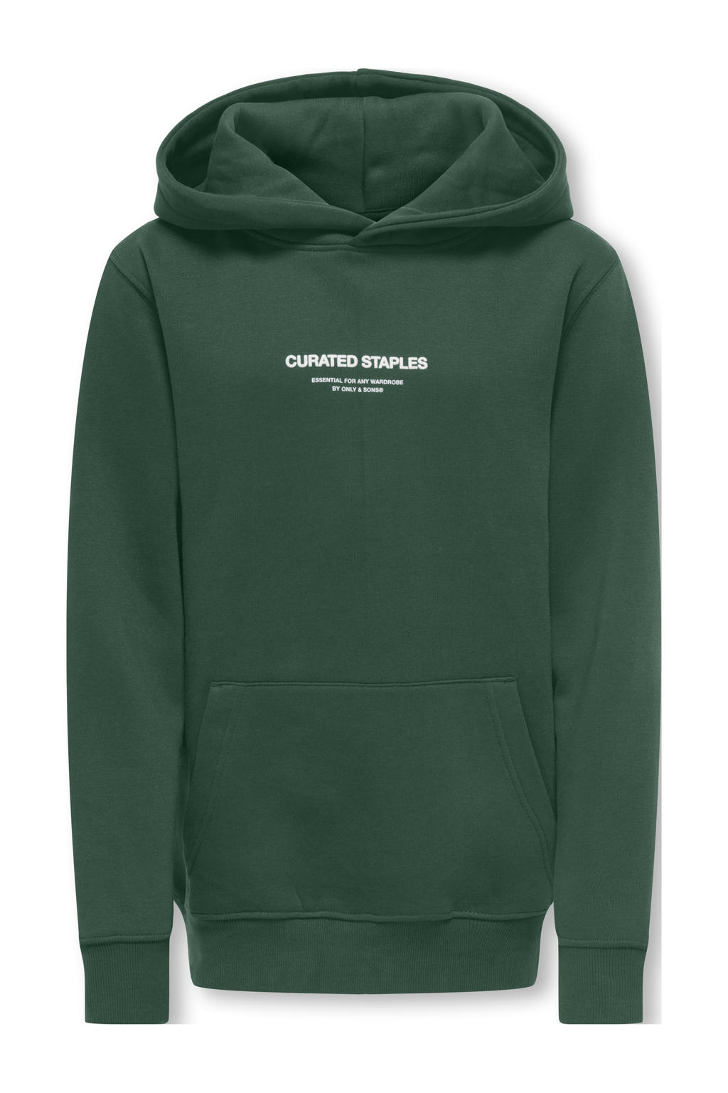 Donkergroene jongens ONLY & SONS JUNIOR hoodie van sweat materiaal met tekst print, lange mouwen en capuchon