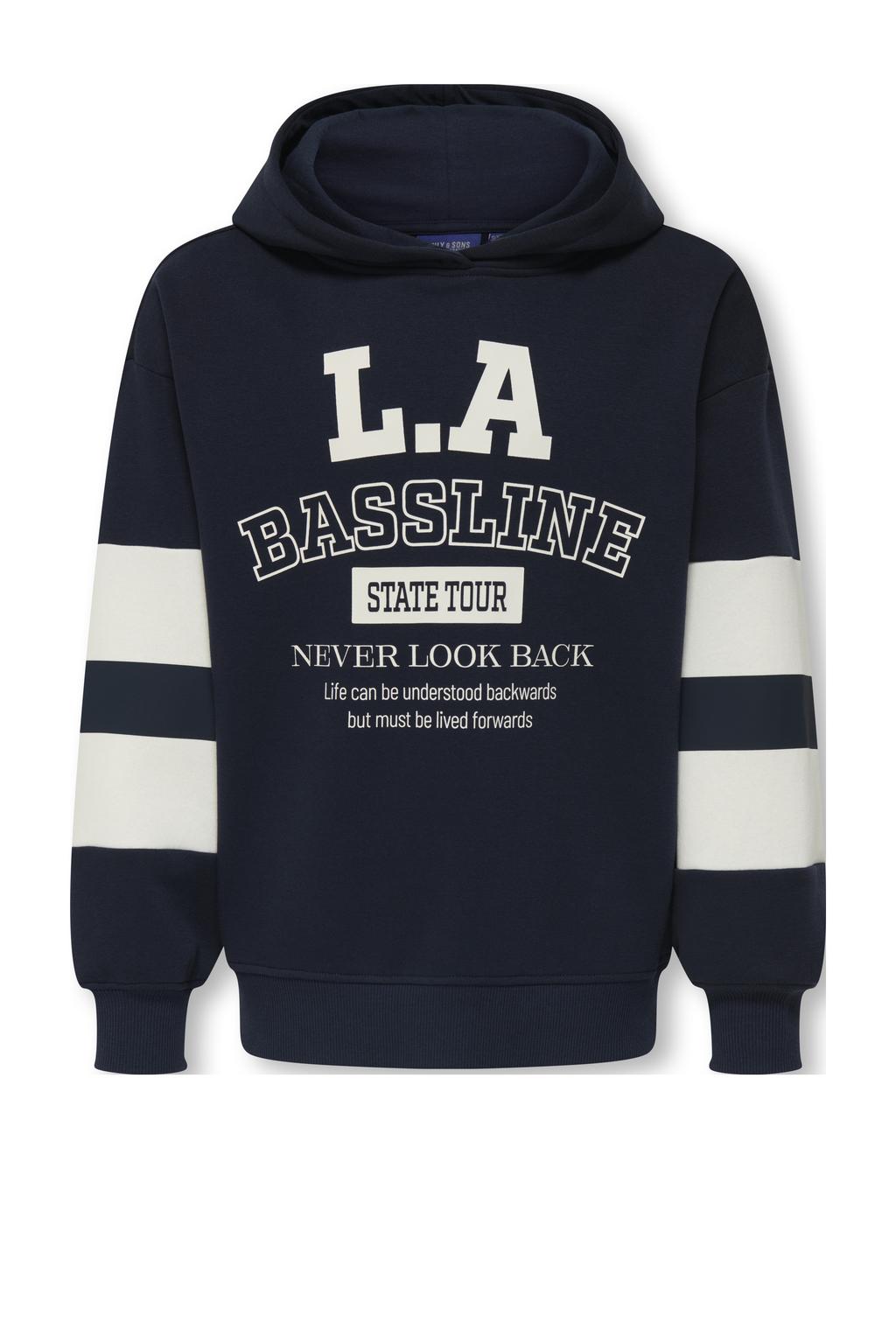 Donkerblauw en ecru jongens ONLY & SONS JUNIOR hoodie van sweat materiaal met printopdruk, lange mouwen en capuchon