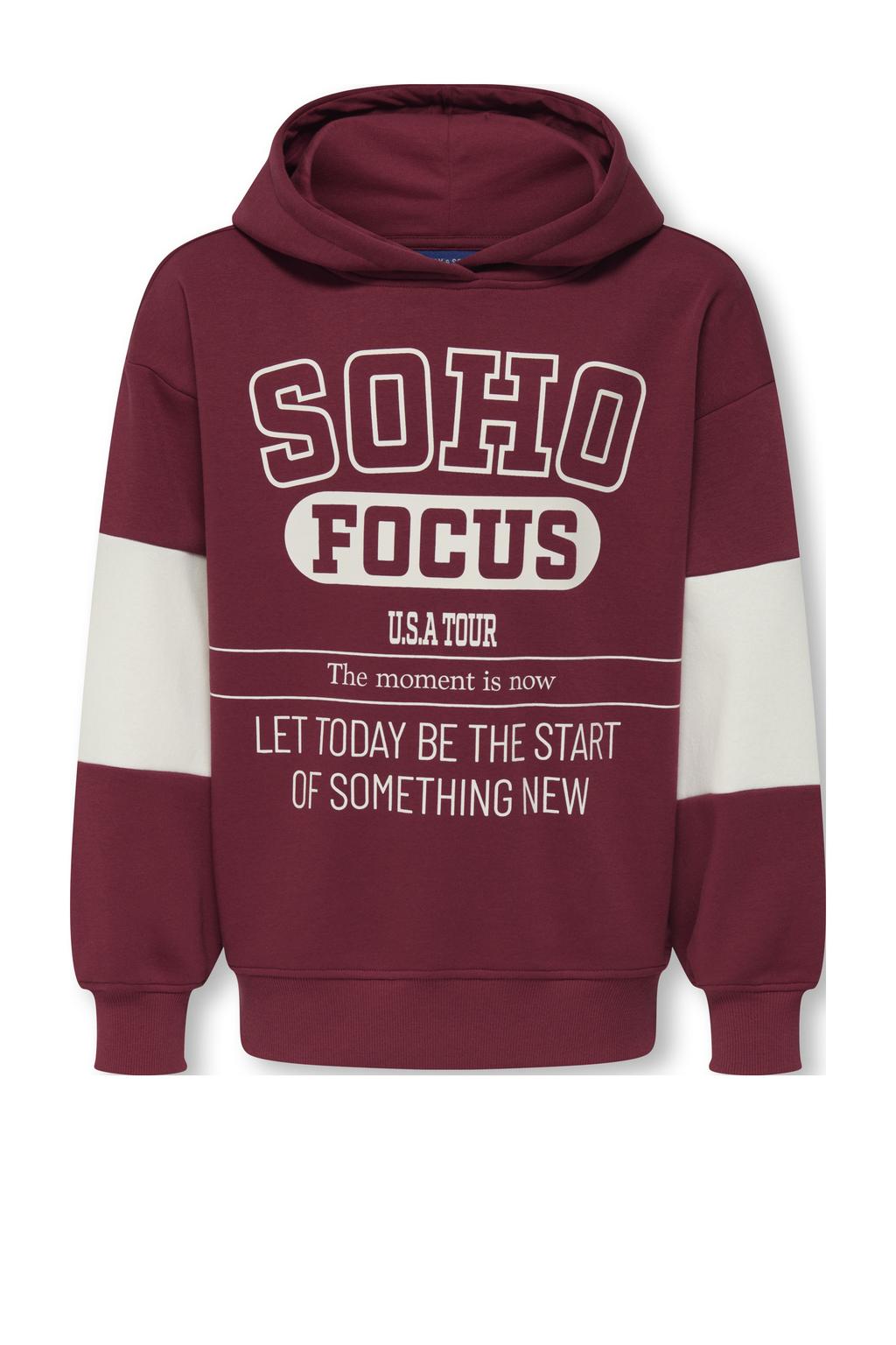 Donkerrood en ecru jongens ONLY & SONS JUNIOR hoodie van sweat materiaal met printopdruk, lange mouwen en capuchon