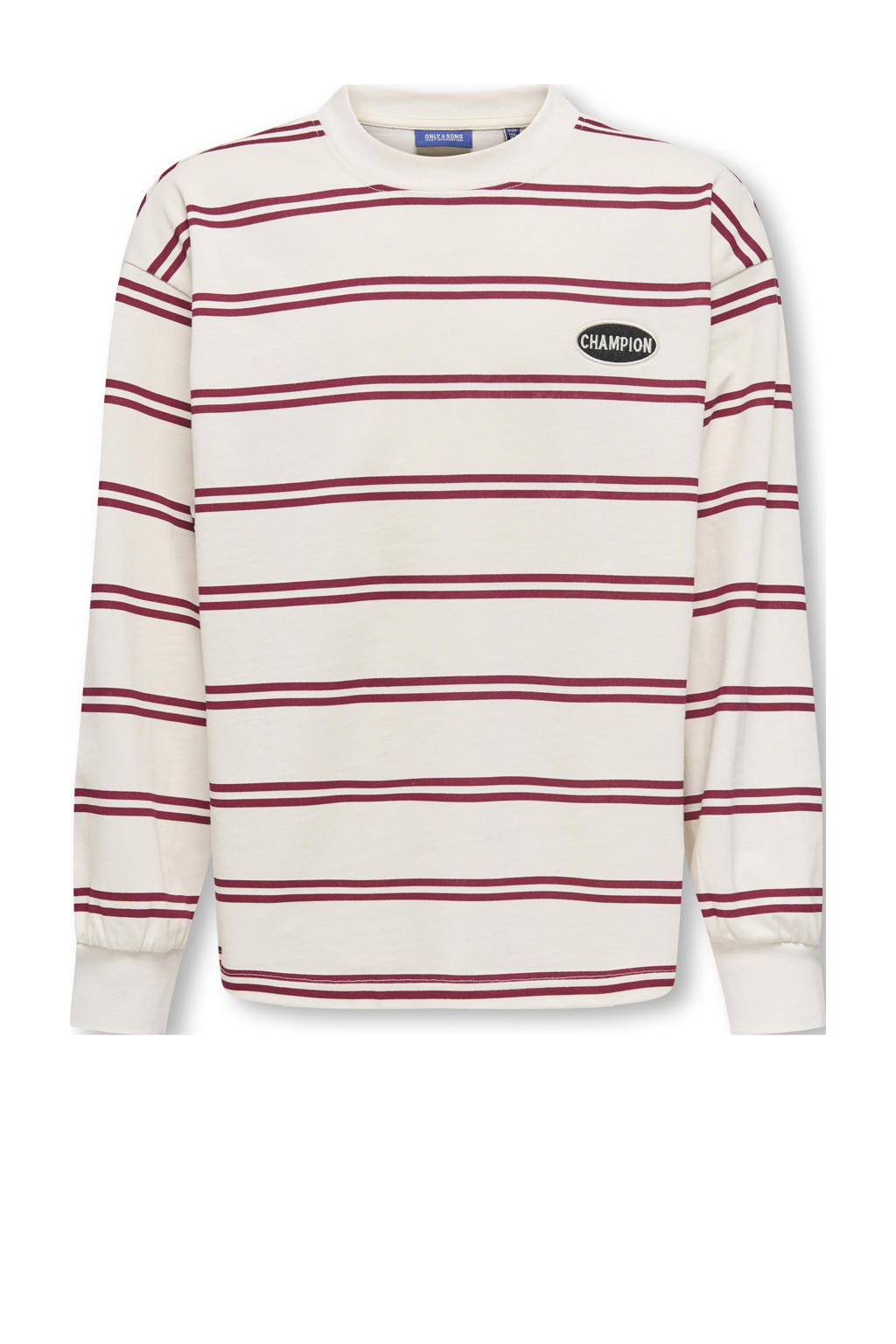 Ecru en rode jongens ONLY & SONS JUNIOR sweater met strepenprint, lange mouwen en ronde hals