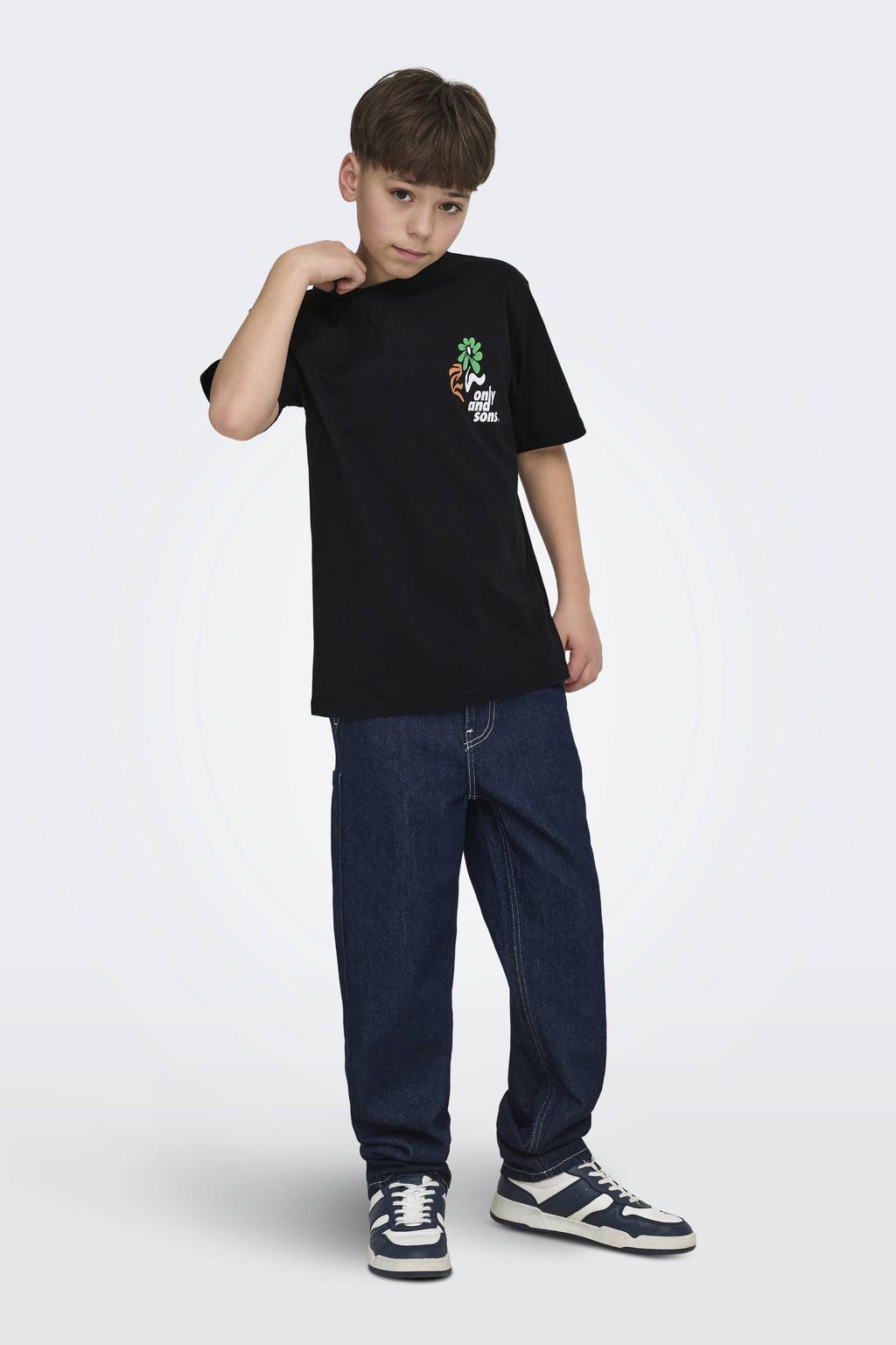 Zwarte jongens ONLY & SONS JUNIOR T-shirt van katoen met backprint, korte mouwen en ronde hals