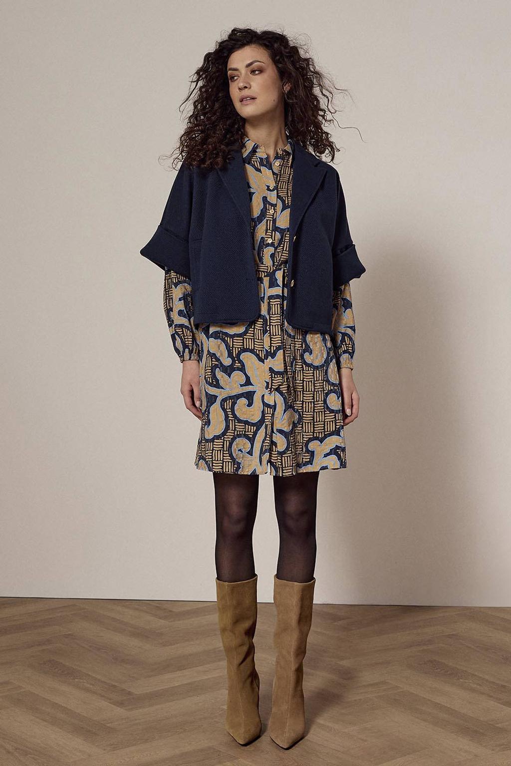 Donkerblauwe dames Tramontana jack van polyester met effen, driekwart mouwen, reverskraag en knoopsluiting