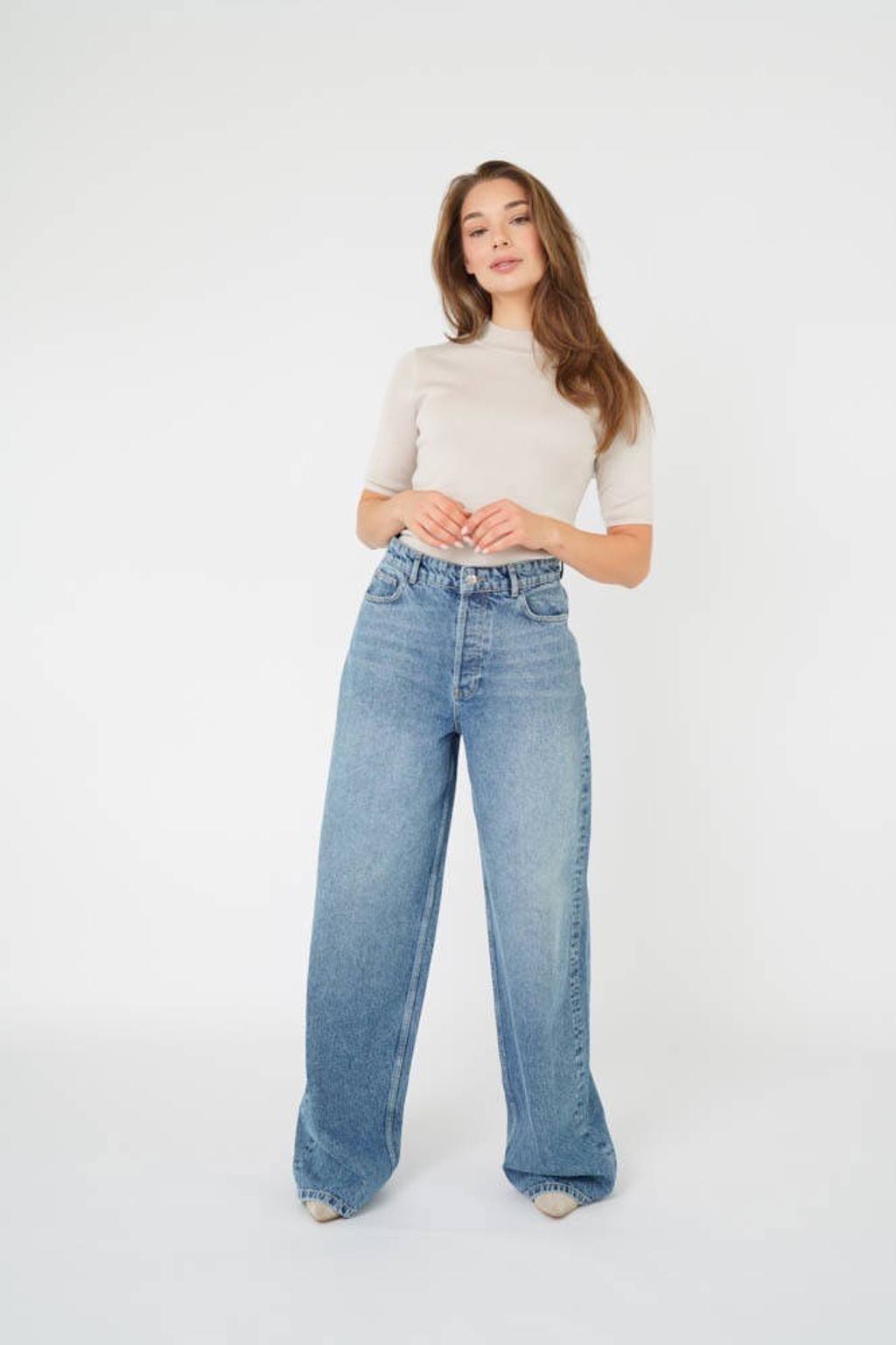 Light blue denim dames Est'seven high waist wide leg jeans van denim met rits- en knoopsluiting