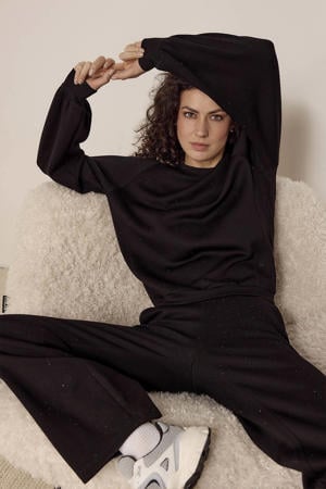 wide leg high waist casual broek zwart met glitter