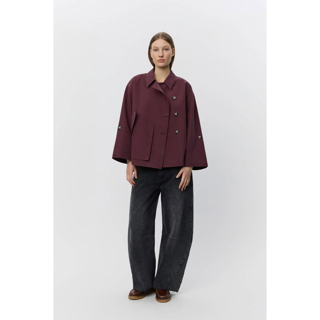 Donkerrode dames Sofie Schnoor trenchcoat van polyester met effen, lange mouwen, klassieke kraag en knoopsluiting