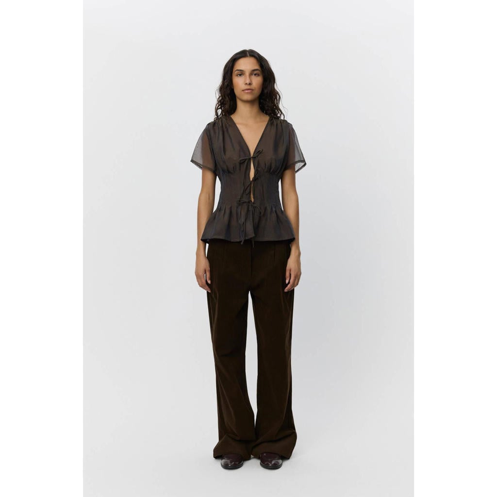 Bruine dames Sofie Schnoor wide leg high waist broek van katoen met rits- en knoopsluiting en effen