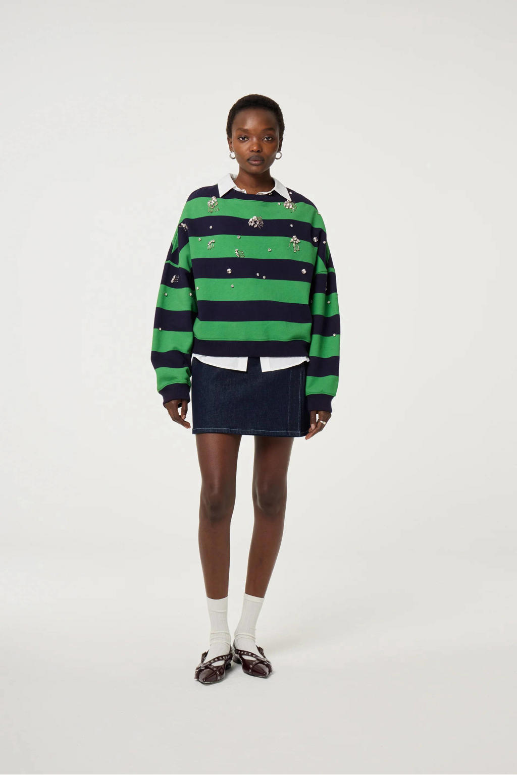Groen en donkerblauwe dames Fabienne Chapot sweater van katoen met strepenprint, lange mouwen, ronde hals en parels