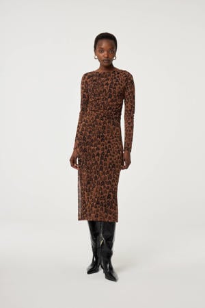 mesh midi jurk met panterprint bruin