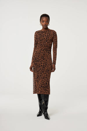 mesh midi jurk met panterprint bruin