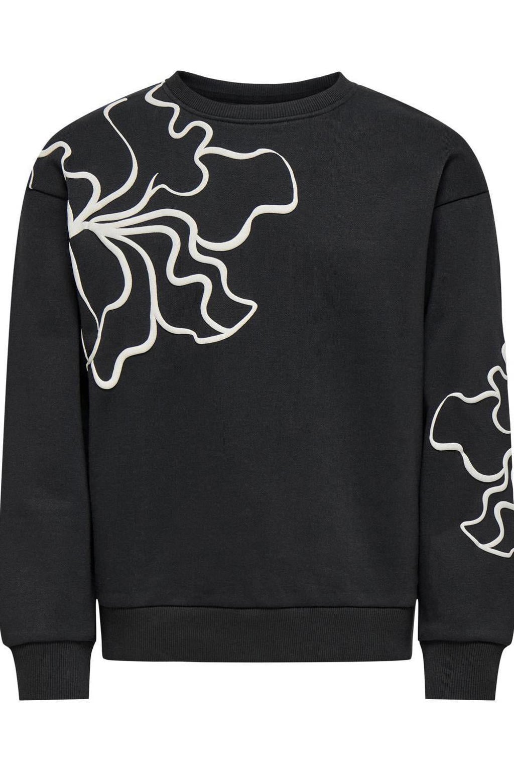 Zwarte meisjes KIDS ONLY GIRL sweater met printopdruk, lange mouwen, ronde hals en geribde boorden