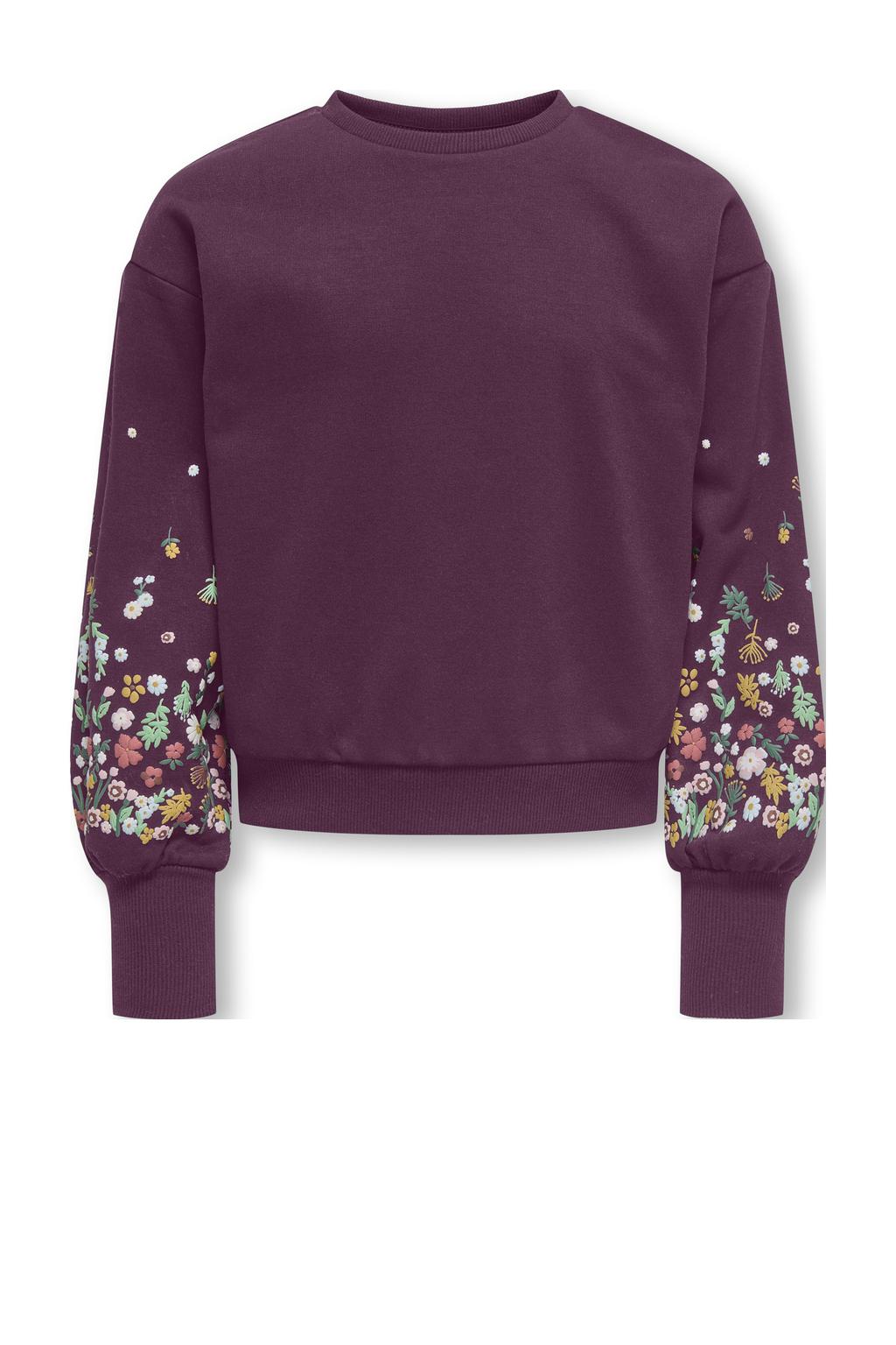 Donkerpaarse meisjes KIDS ONLY GIRL sweater met bloemenprint, lange mouwen, ronde hals en geribde boorden
