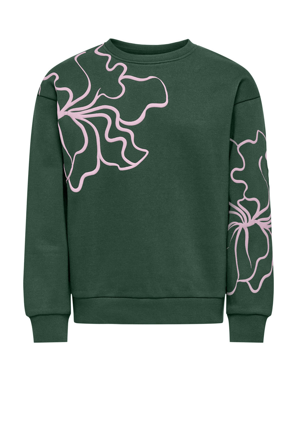Donkergroene meisjes KIDS ONLY GIRL sweater met printopdruk, lange mouwen, ronde hals en geribde boorden