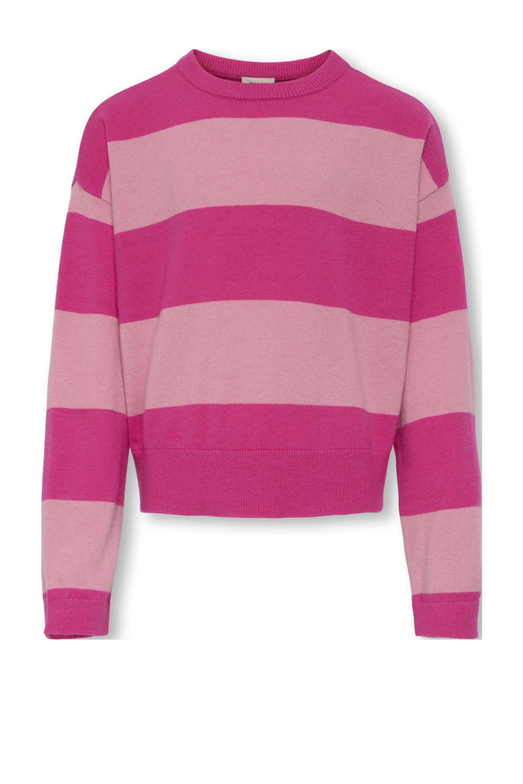 Fuchsia en lichtroze meisjes KIDS ONLY GIRL trui fijn gebreid van viscose met strepenprint, lange mouwen en ronde hals