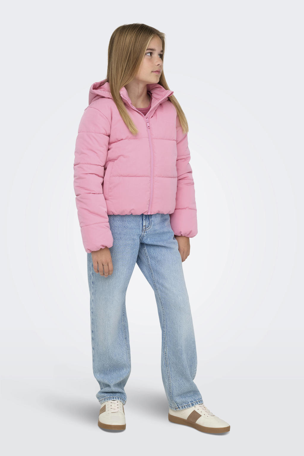 Roze meisjes KIDS ONLY GIRL gewatteerde jas van polyester met effen, lange mouwen, capuchon, ritssluiting en geweven detail