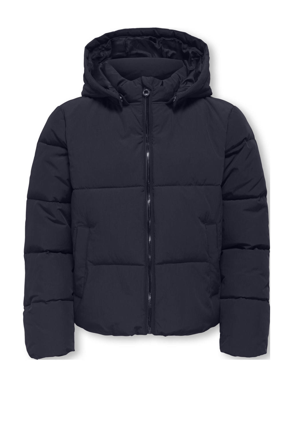 Donkerblauwe meisjes KIDS ONLY GIRL gewatteerde jas van polyester met effen, lange mouwen, capuchon, ritssluiting en geweven detail