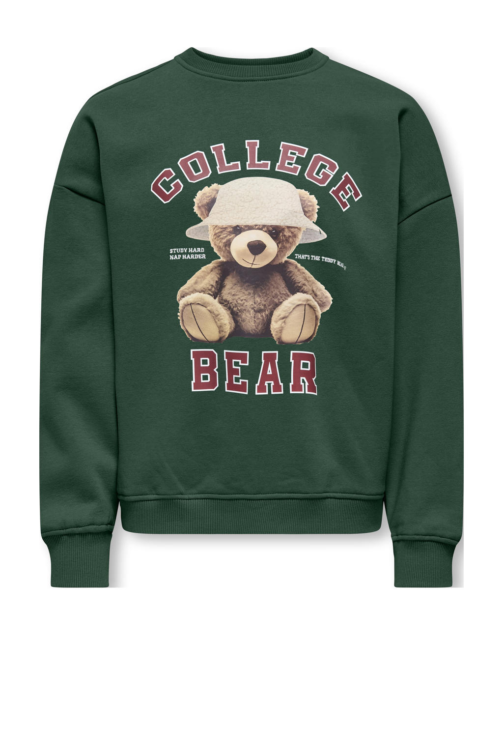 Donkergroene meisjes KIDS ONLY GIRL sweater van katoen met printopdruk, lange mouwen, ronde hals en gebreide details