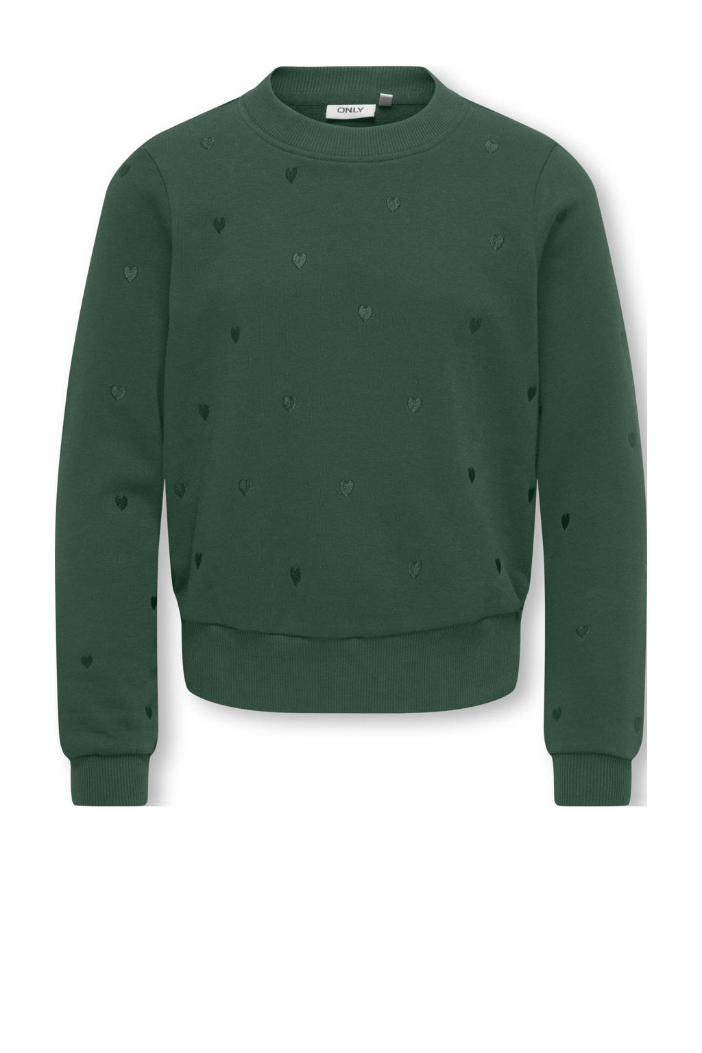Donkergroene meisjes KIDS ONLY GIRL sweater met hartjesprint, lange mouwen, ronde hals en borduursels
