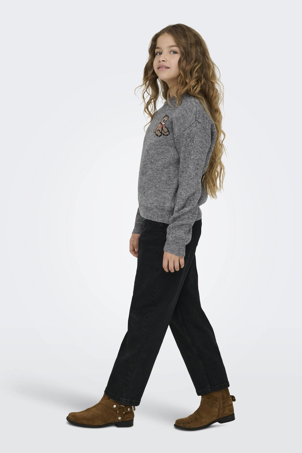 Grijs melange meisjes KIDS ONLY GIRL trui melange gebreid van acryl met backprint, lange mouwen, ronde hals en 3D applicatie