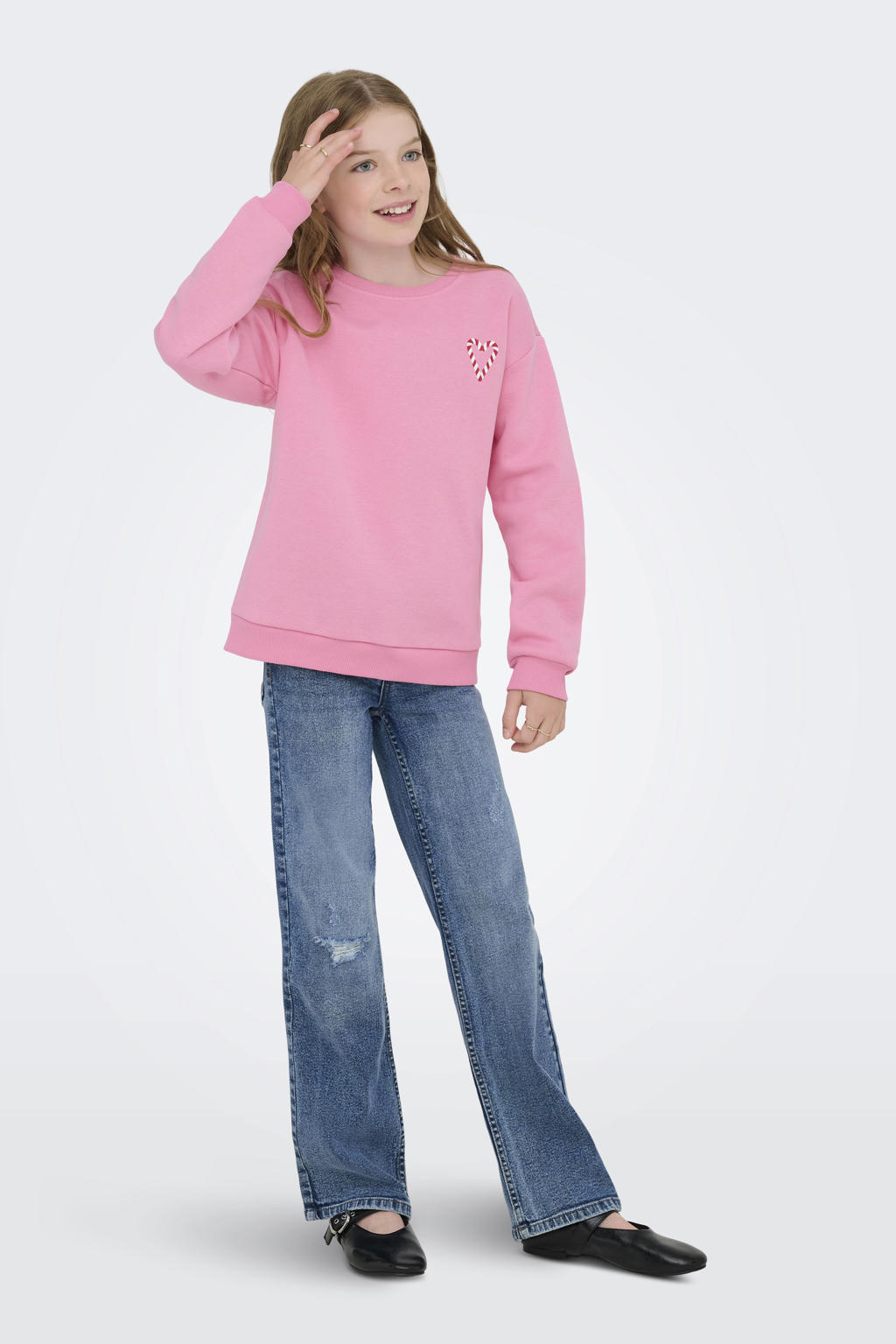 Roze meisjes KIDS ONLY GIRL kerstsweater met backprint, lange mouwen, ronde hals en geribde boorden