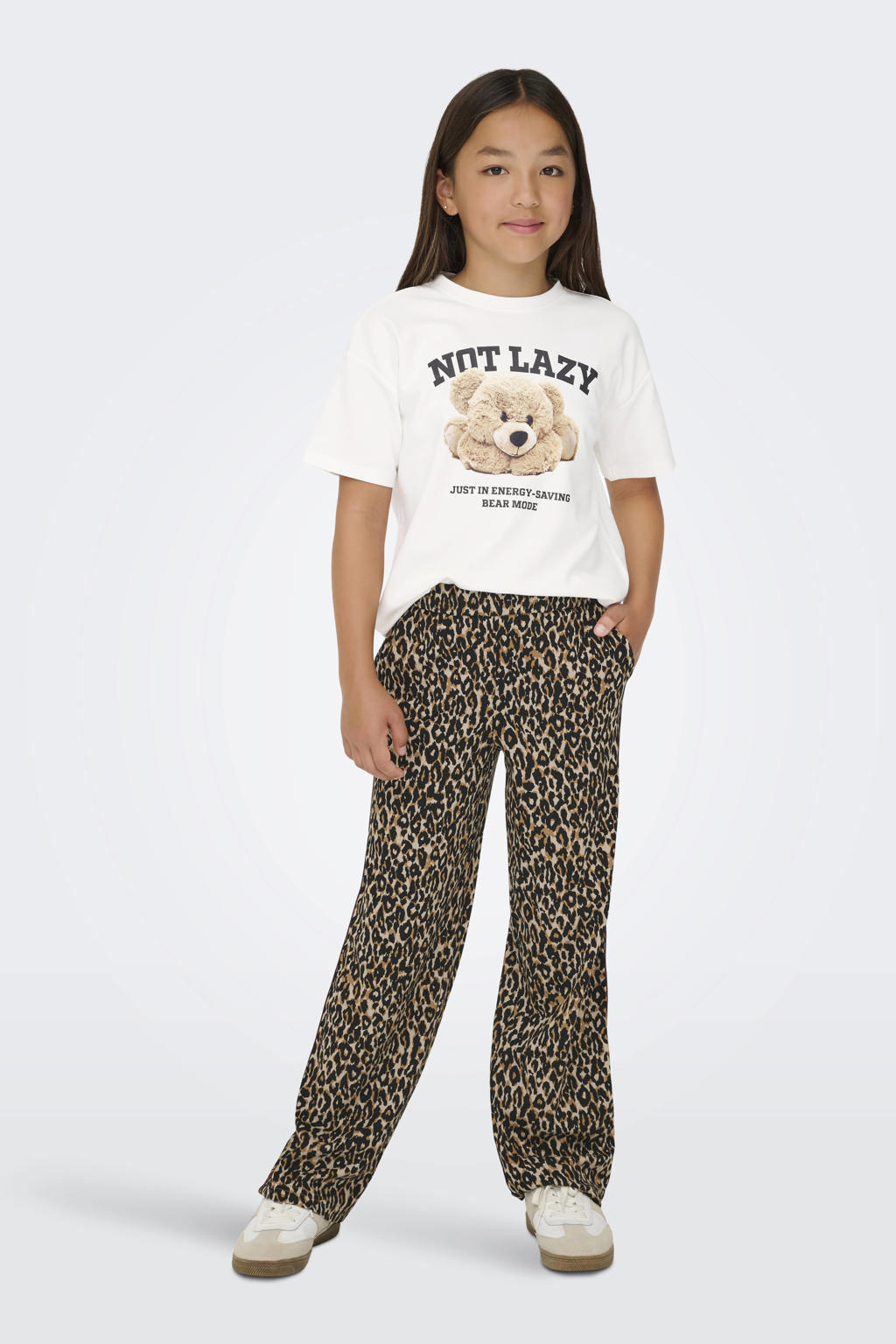 Witte meisjes KIDS ONLY GIRL T-shirt van polyester met printopdruk, korte mouwen, ronde hals en gebreide details