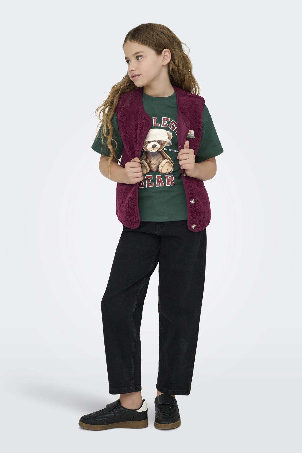 Donkergroene meisjes KIDS ONLY GIRL T-shirt van polyester met printopdruk, korte mouwen, ronde hals en gebreide details