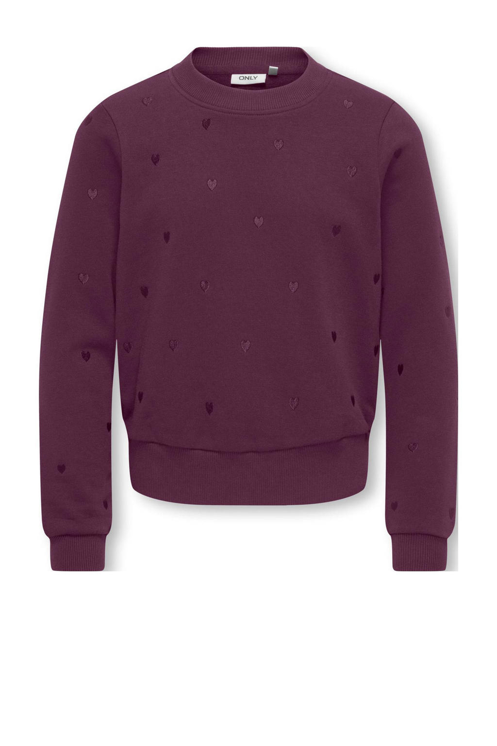 Paarse meisjes KIDS ONLY GIRL sweater met hartjesprint, lange mouwen, ronde hals en borduursels