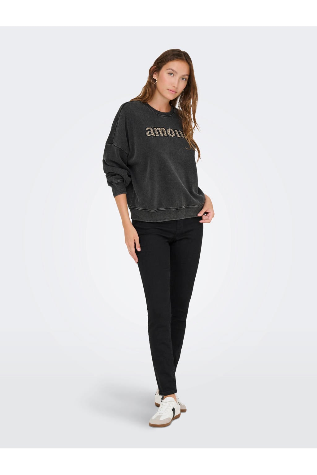 Grijze dames ONLY sweater van katoen met tekst print, lange mouwen en ronde hals