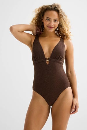 seersucker corrigerend badpak met lurex donkerbruin