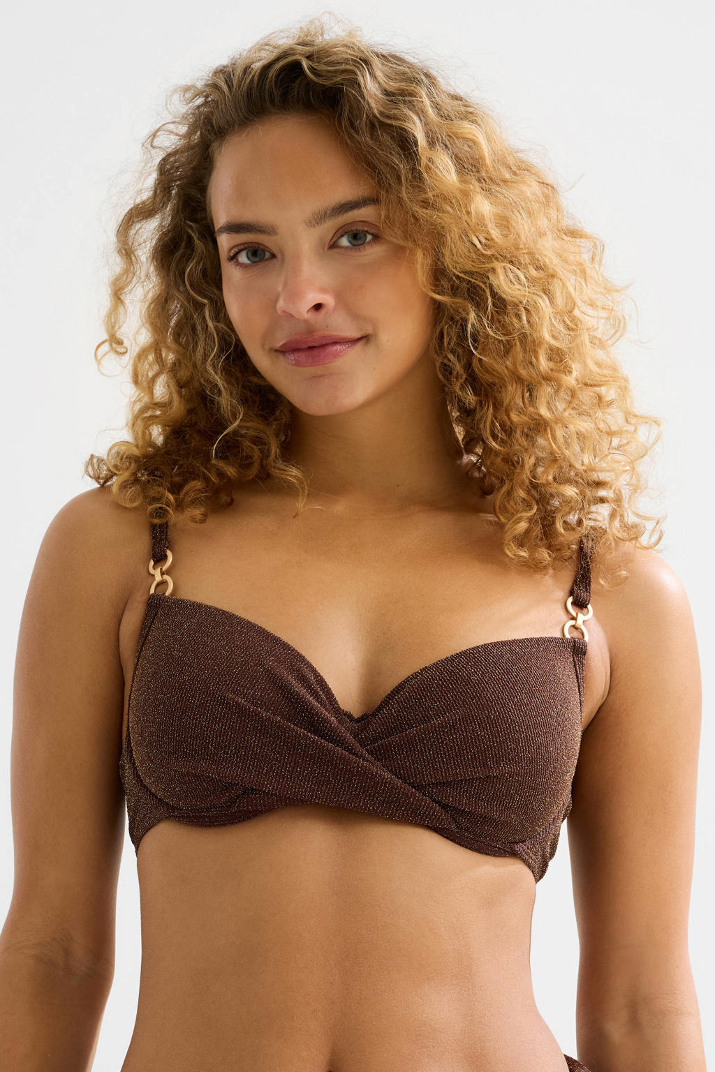 BEACHWAVE seersucker voorgevormde beugel bikinitop met lurex donkerbruin