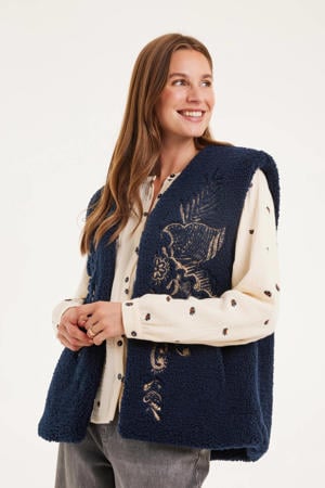 teddy gebloemde gilet donkerblauw