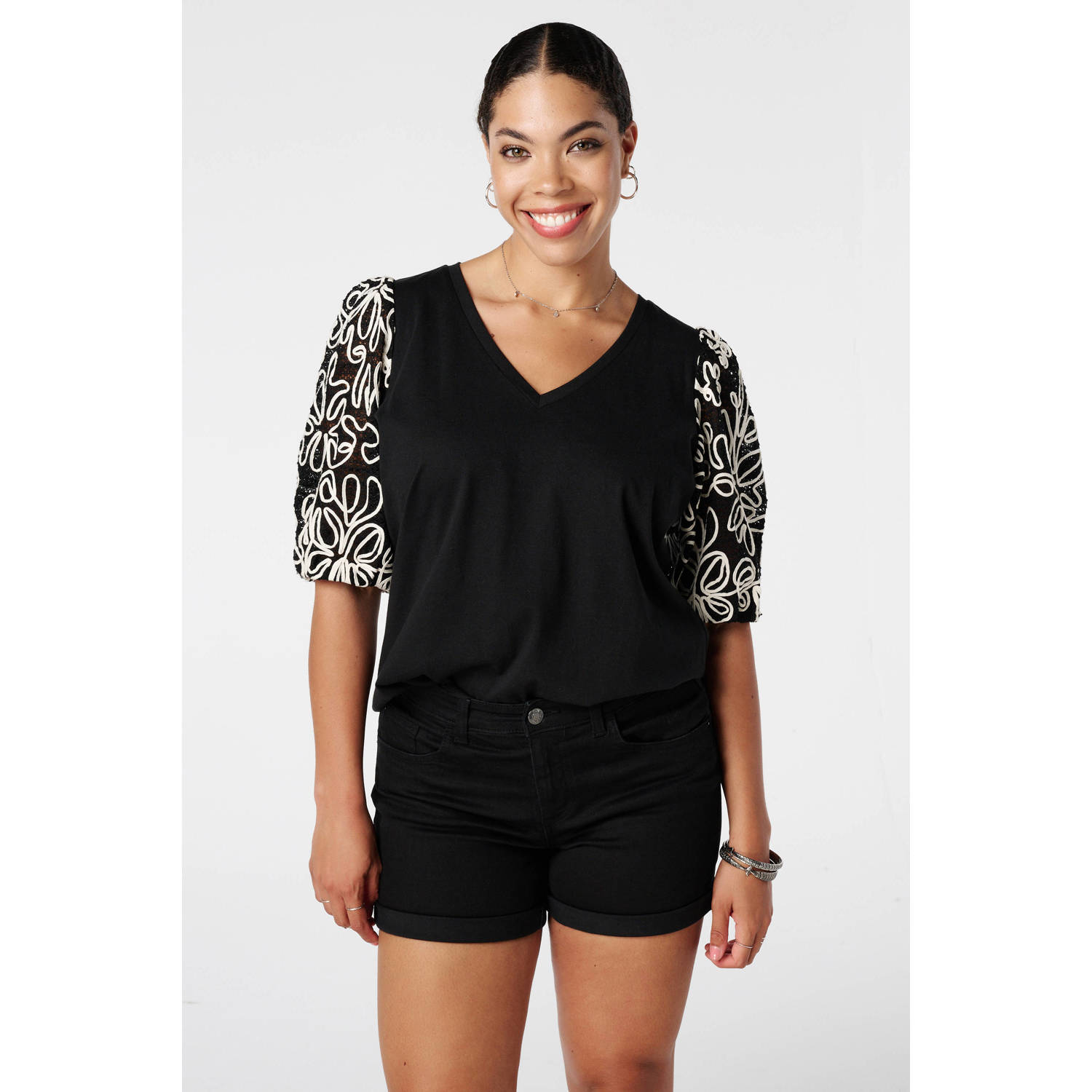 MS Mode top zwart broderie