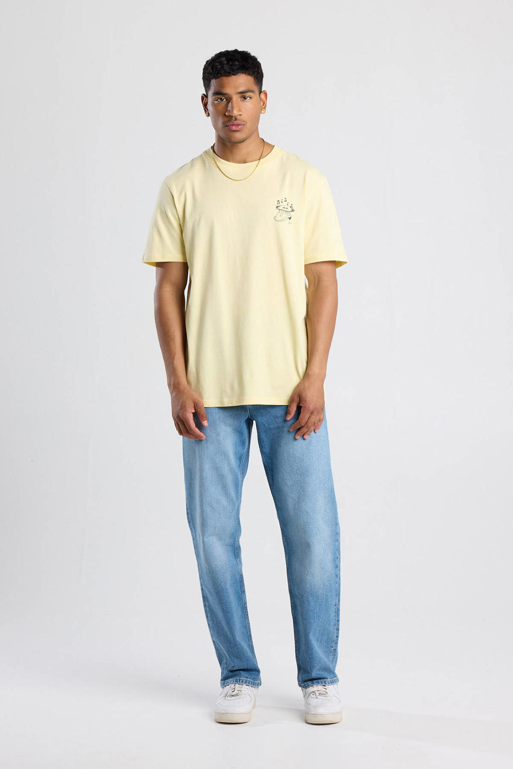 Lichtgele heren America Today regular T-shirt van katoen met backprint, korte mouwen en ronde hals