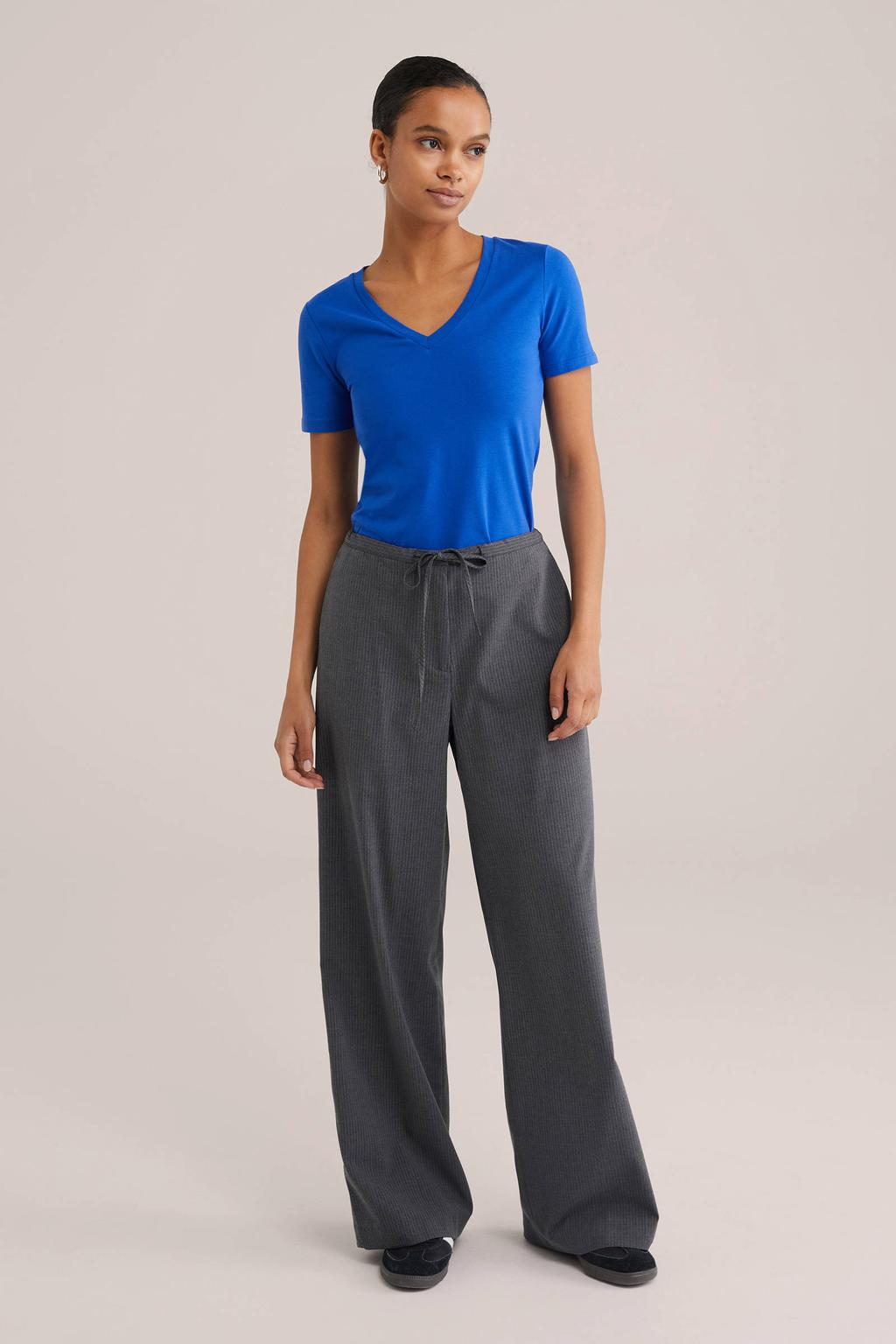 Blauwe dames WE Fashion t-shirt van katoen met effen, korte mouwen en V-hals