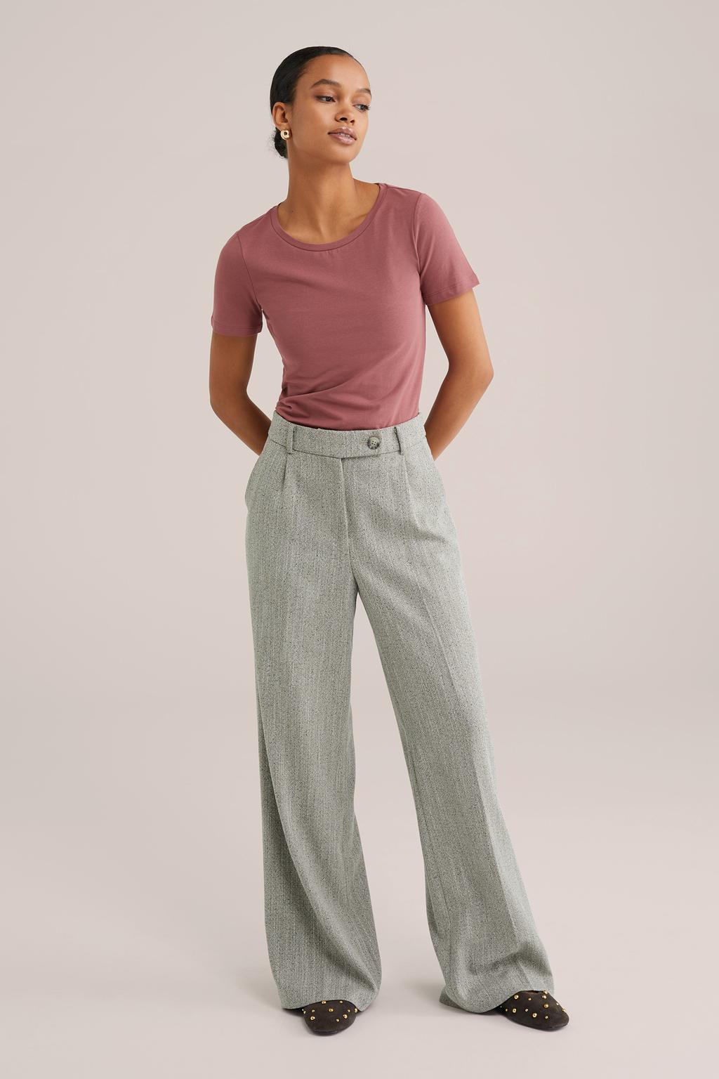 Oudroze dames WE Fashion T-shirt van stretchkatoen met effen, korte mouwen en ronde hals