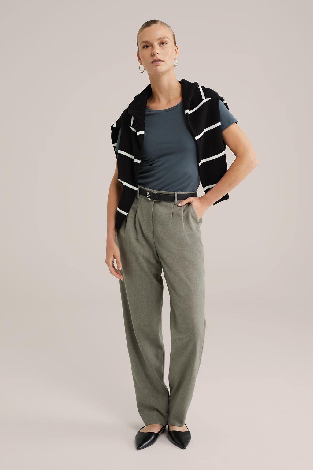 Grijsblauwe dames WE Fashion T-shirt katoen blauw met effen, korte mouwen en ronde hals