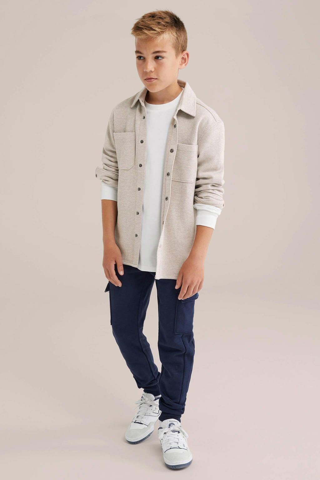 Beige jongens WE Fashion overshirt van katoen met melée print, lange mouwen, klassieke kraag en drukknoopsluiting