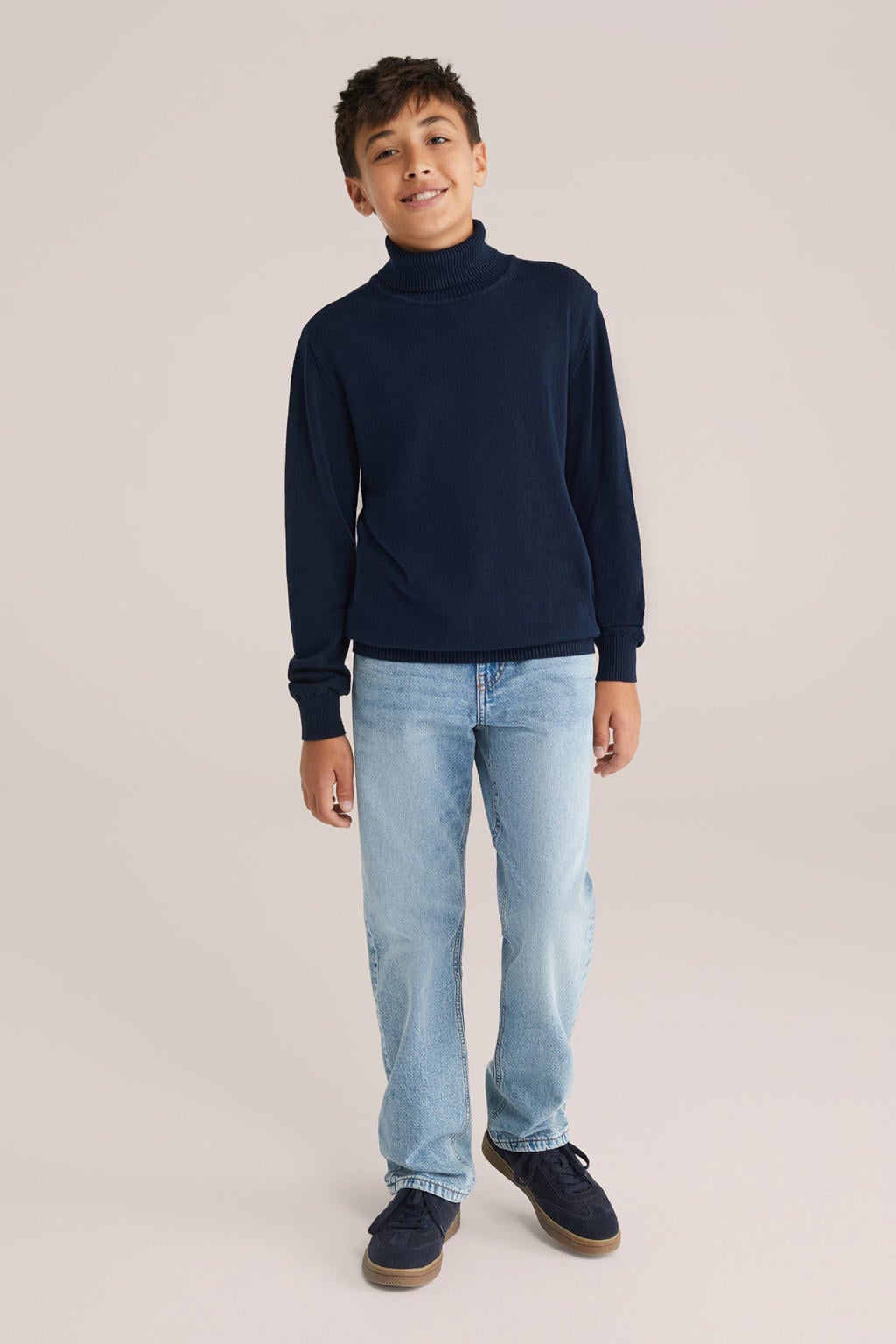Marineblauw jongens WE Fashion coltrui blauw van katoen met effen, lange mouwen en geribde boorden